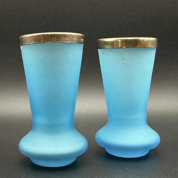 Unbranded Other - Antique Italian Opaline Blue Glass Posy Bud Vase Pair Silver Rim Victorian 3in